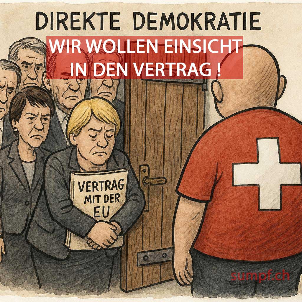 Karikatur: Eine Gruppe fordert vor einer verschlossenen Tür Einsicht in den EU-Vertrag.