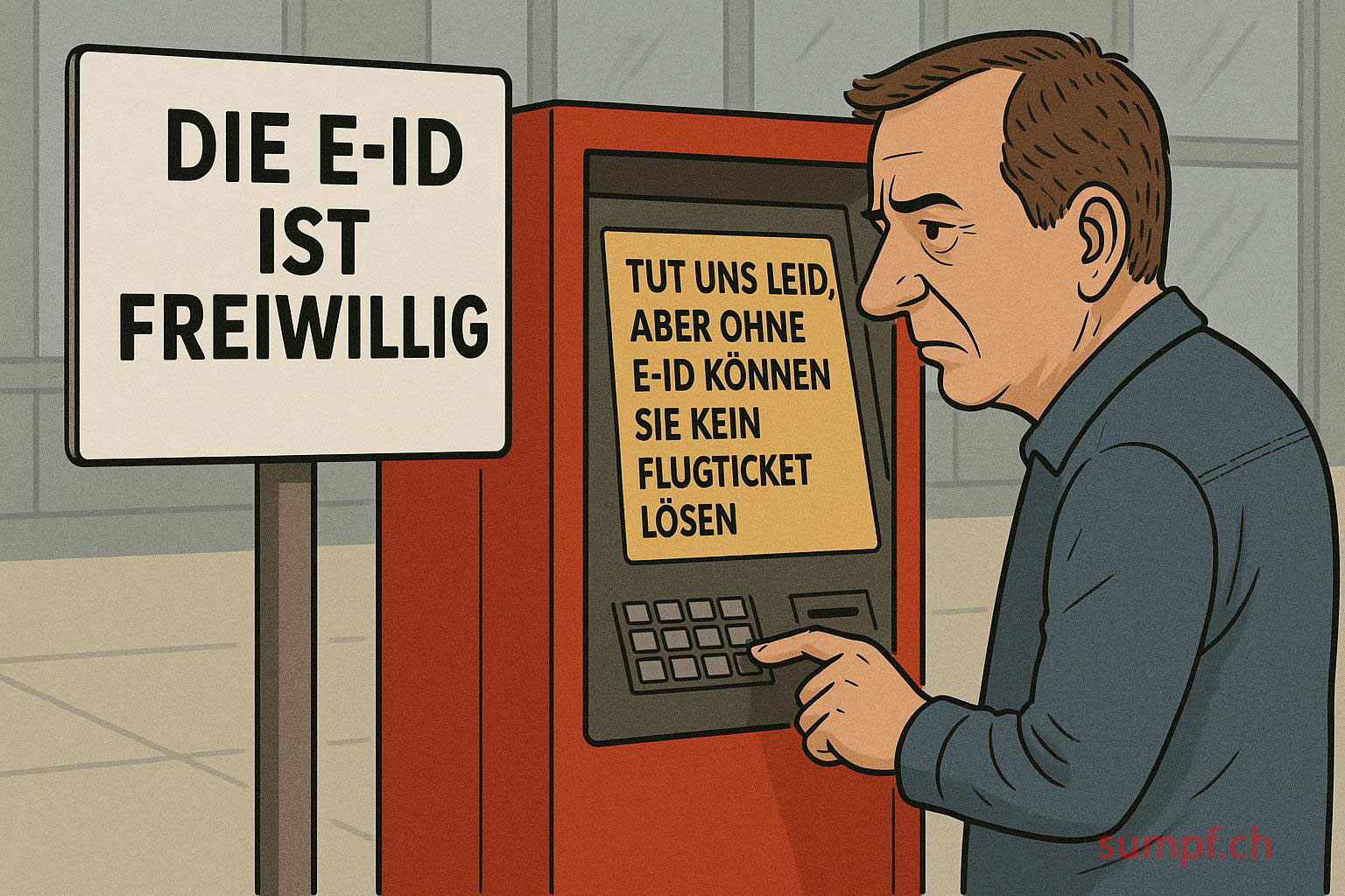 Karikatur zur E-ID: Ein Mann steht am Ticketautomaten zwischen Freiwilligkeitsversprechen und Zugangshürde.
