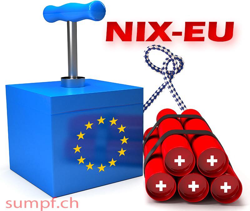 Satire: Ein blauer EU-Zünder steht neben roten Sprengstangen mit Schweizer Kreuzen.