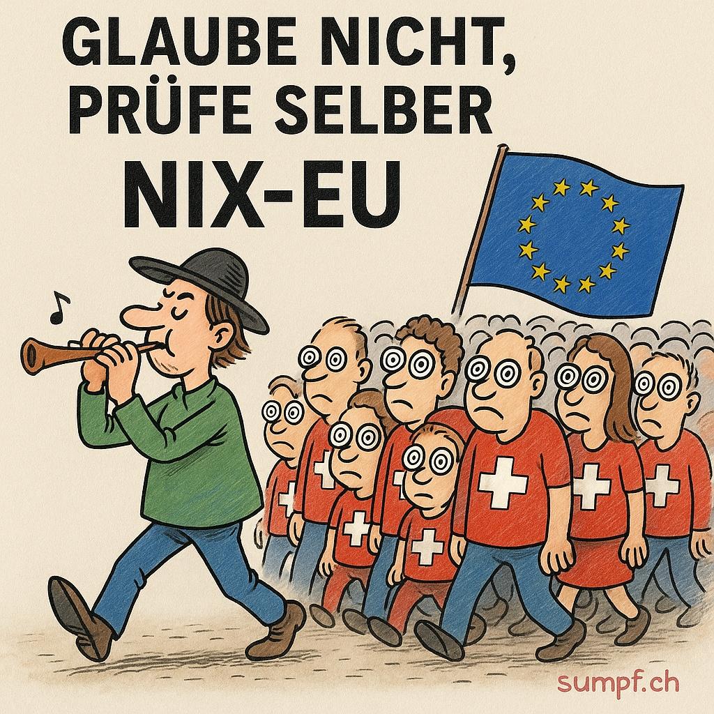 Satire: Eine Menge mit Schweizer Kreuzen folgt einem Flötenspieler und einer EU-Flagge.