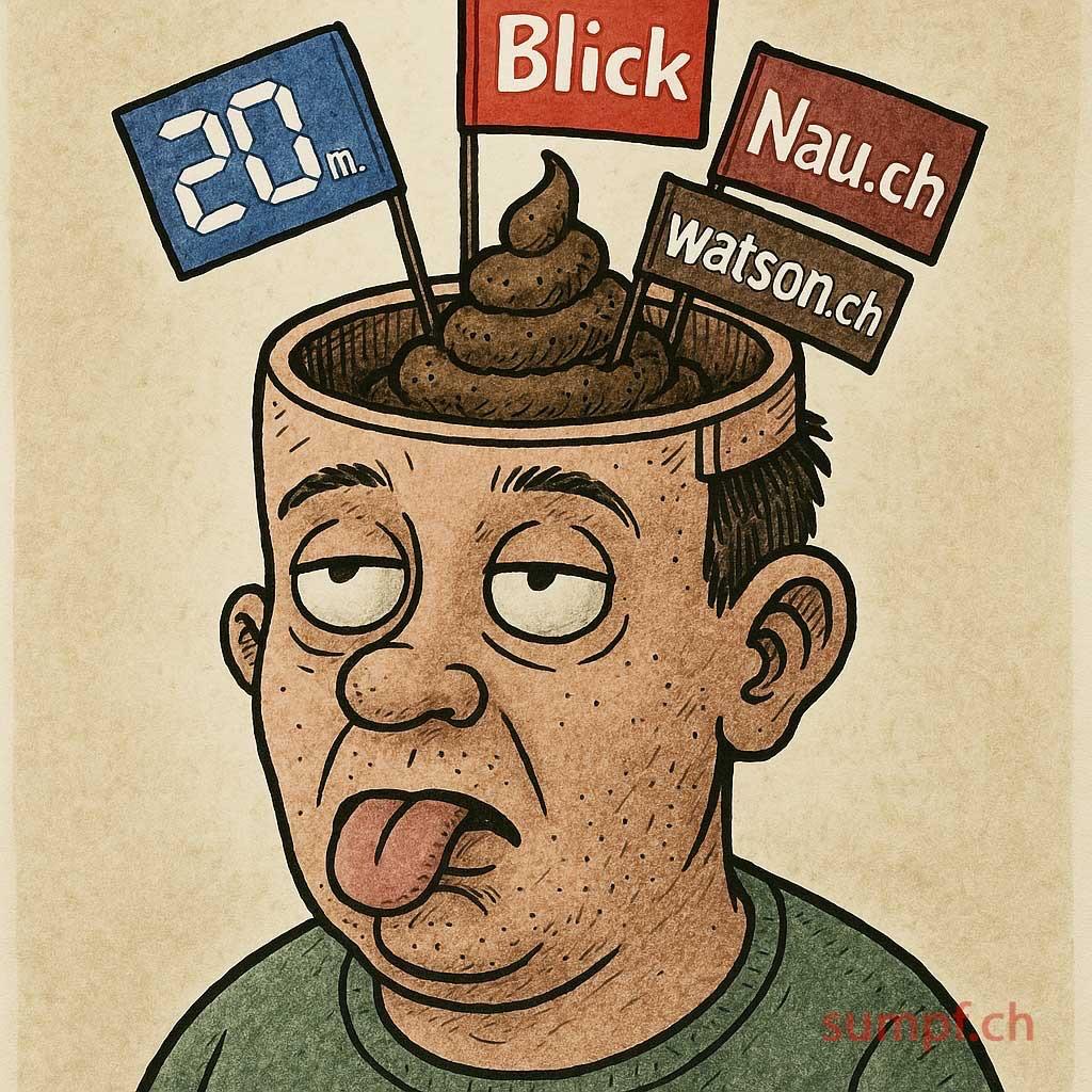 Satire: Ein offener Kopf enthält einen Haufen und Schilder bekannter Medien.