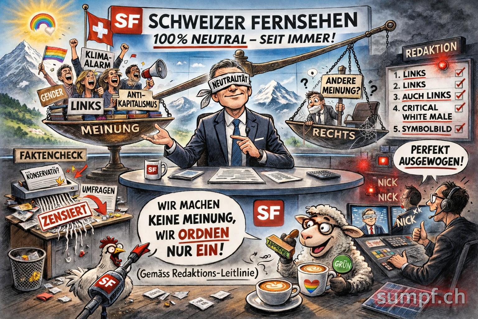 Satire: Ein Moderator mit Neutralitätsbinde sitzt vor einer schiefen Meinungswaage.