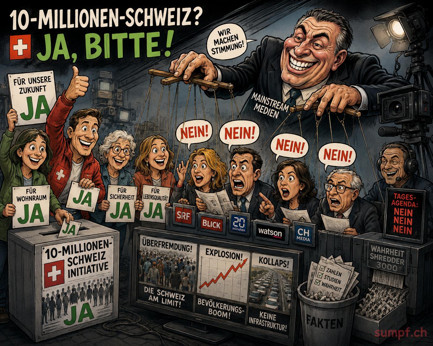 Satire: Ein Medien-Marionettenspieler lenkt Nein-Rufe neben einer Schweizer Abstimmungsurne.