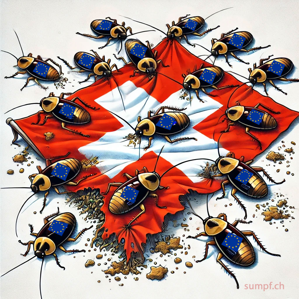 Satirische Illustration: Kakerlaken mit EU-Sternen krabbeln über eine zerfressene Schweizer Flagge.