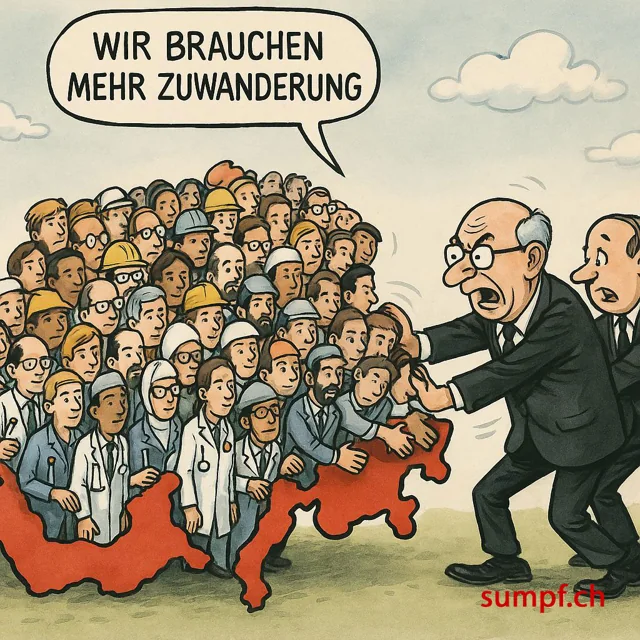 Karikatur: Anzugträger fordern mehr Zuwanderung neben einer dicht besetzten Schweizer Landkarte.