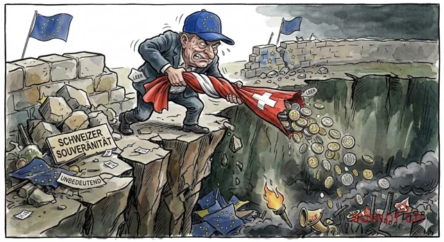 Karikatur: Ein Mann mit EU-Mütze leert einen Schweizer Geldsack in eine Schlucht mit Feuer und EU-Symbolen.