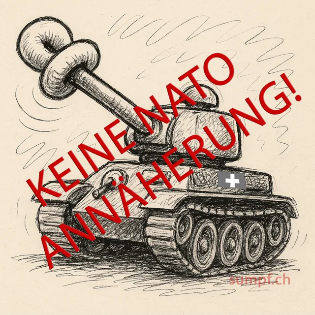 Karikatur: Ein Schweizer Panzer mit verknotetem Kanonenrohr und einem Nein zur NATO-Annäherung.