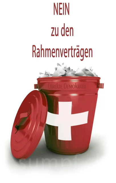 Satire: Ein Schweizer Kübel voller Papier steht unter dem Nein zu Rahmenverträgen.