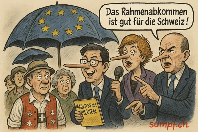 Satire: Figuren mit langen Nasen werben unter EU-Schirmen für das Rahmenabkommen.