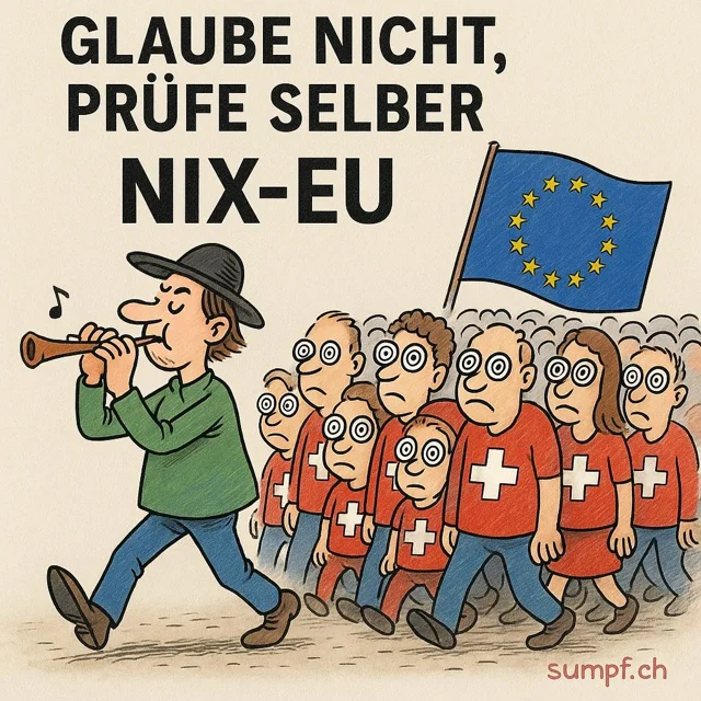 Satire: Eine Menge mit Schweizer Kreuzen folgt einem Flötenspieler und einer EU-Flagge.