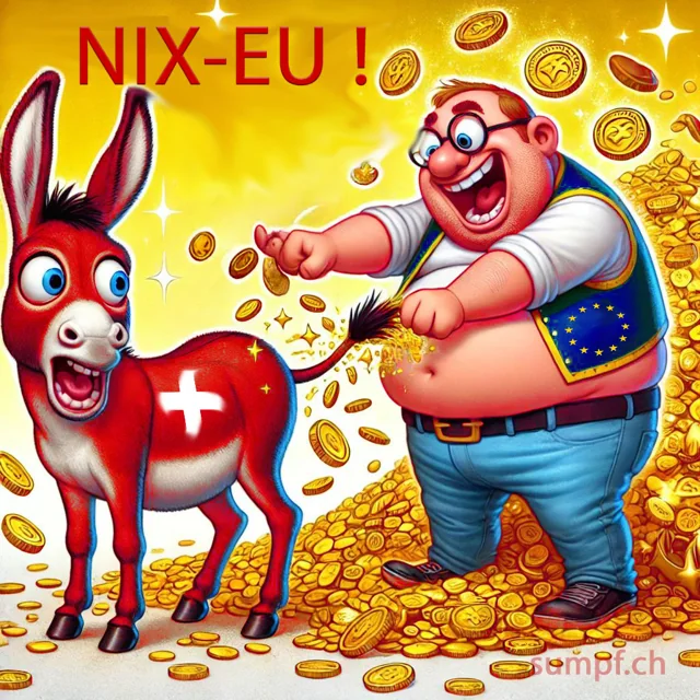 Karikatur: Ein roter Esel mit Schweizer Kreuz liefert einem Mann mit EU-Weste Goldmünzen.