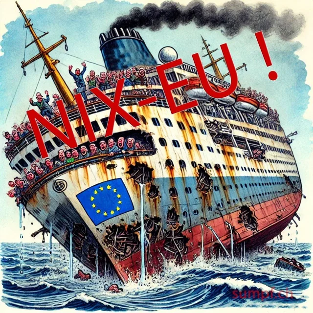 Satire: Ein beschädigtes Schiff mit EU-Flagge sinkt unter dem Schriftzug NIX-EU.