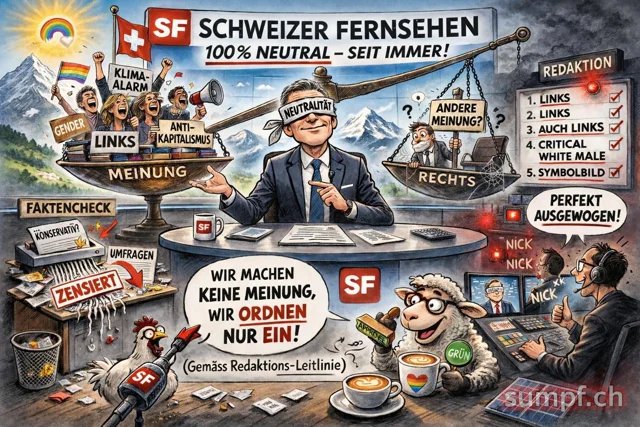 Satire: Ein Moderator mit Neutralitätsbinde sitzt vor einer schiefen Meinungswaage.