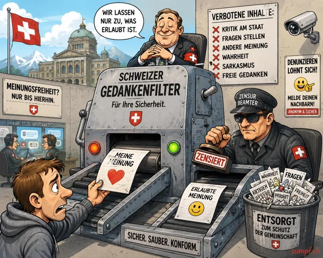Satire: Eine Maschine filtert Meinungen vor Bundeshaus und Überwachungskameras.