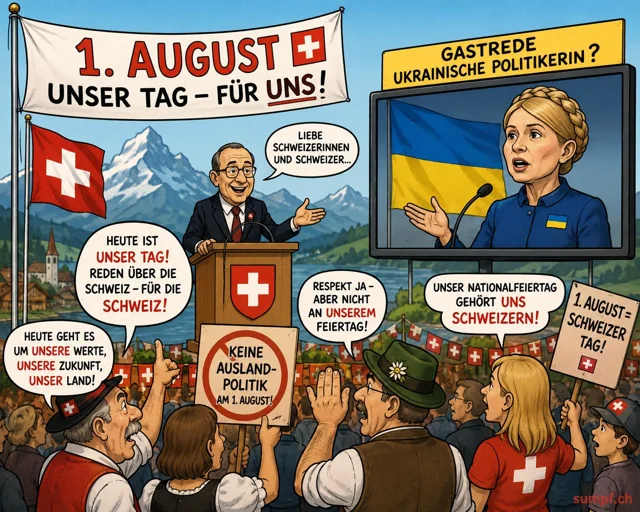 Satire: Eine Schweizer Festrede steht einer ukrainischen Gastrede auf einem Bildschirm gegenüber.