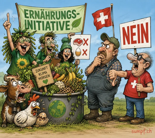 Satire: Befürworter einer Ernährungsinitiative stehen einem Bauern und einem Nein-Schild gegenüber.