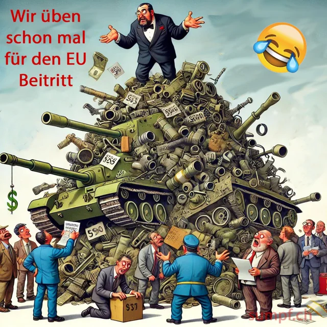 Karikatur: Ein Anzugträger steht auf einem Berg aus Panzern, Geld und Rüstungsmaterial.