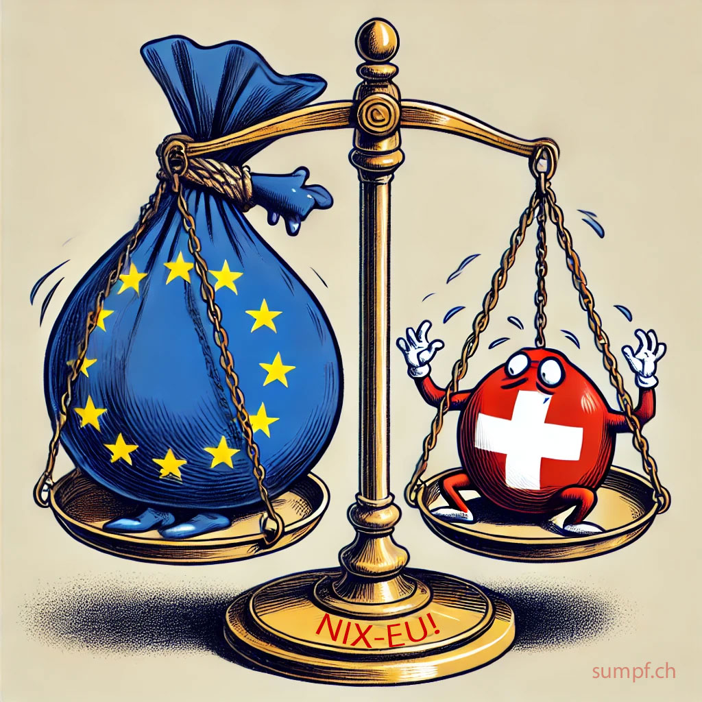 Karikatur: Auf einer Waage wiegt ein grosser EU-Sack schwerer als eine kleine Schweizer Figur.